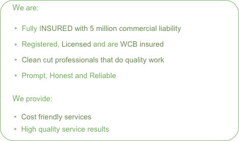 We are:

  Fully INSURED with 5 million commercial liability

  Registered, Licensed and are WCB insured

  Clean cut professionals that do quality work

  Prompt, Honest and Reliable

     We provide:
  Cost friendly services
  High quality service results



